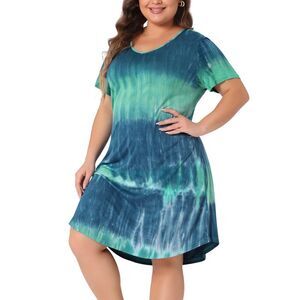 Tie Dye Plus Size Summer V Neck Short Sleeve Casual Dress Blue Green